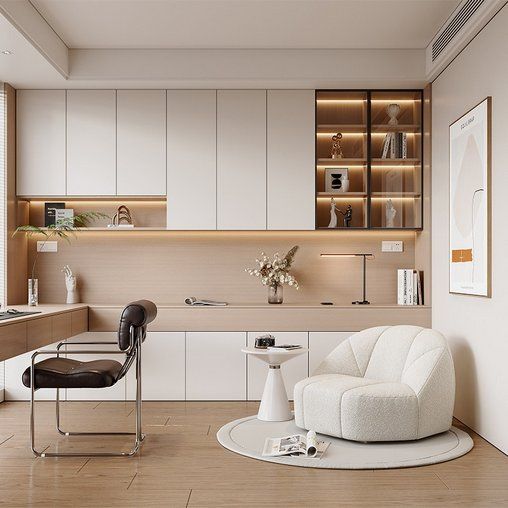 a modern living room with white furniture and wood flooring on the walls is lit by recessed lighting