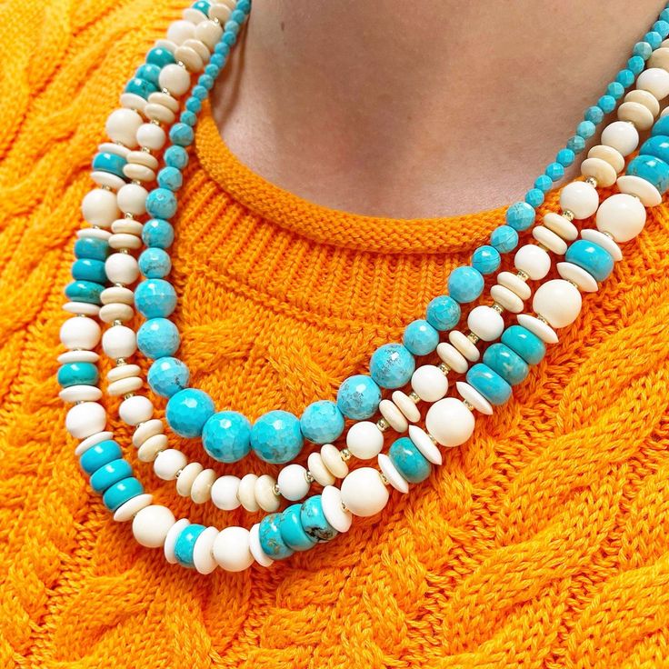 New for summer: Coral, Bone + Turquoise Beads! The "Beadazzled" collection drop II is here. Designed with one-of-kind gemstones, pearls + beads. These versatile pieces are LIMITED EDITION and are meant to mix, match and layer. Shop them fast before they are gone forever! 3mm 14K Gold Filled Bead 8mm Round Bone Beads 3x10mm Rondelle Bone Beads "J" Hook Clasp Necklace Measures Approx. 20 3/4"L Due to the nature of these stones, color and pattern may vary slightly Turquoise Jewelry With Round Wooden Beads, Turquoise Necklace With Wooden Beads, Turquoise Necklaces With Round Wooden Beads, Turquoise Necklace With Wooden Round Beads, Turquoise Jewelry With Wooden Beads, Turquoise Necklace With Round Wooden Beads, Gone Forever, Clasp Necklace, Bone Beads