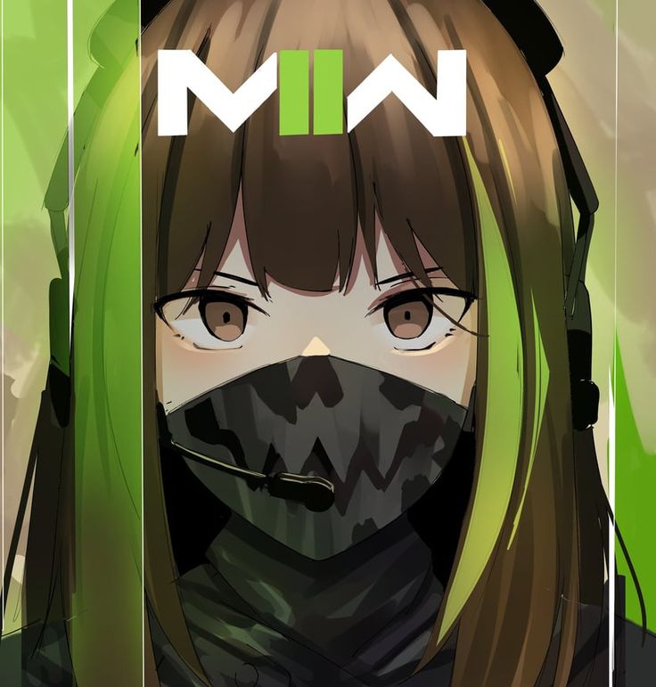 an anime character with green hair wearing a black mask and covering her face is looking at the camera