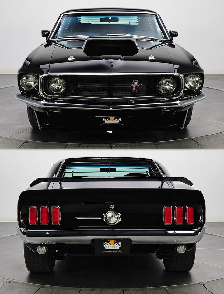 two pictures of the front and rear end of a black mustang