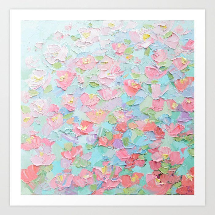 an abstract painting with pink and green flowers on blue background art print by artist michael moore