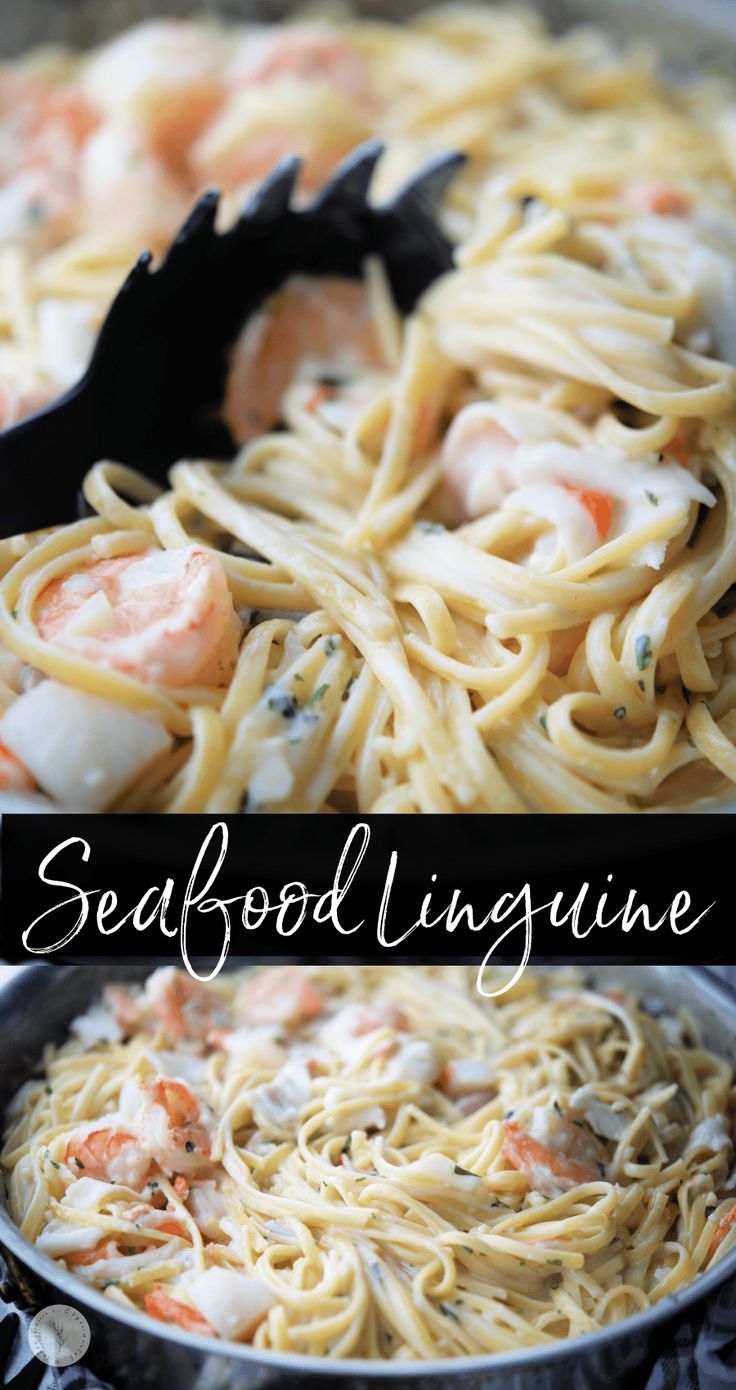 seafood linguinne in a skillet with text overlay