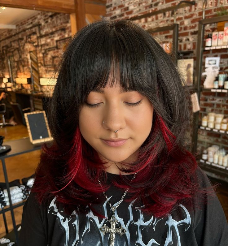 Chunky red peekaboo highlights w/ cut. ⛓️DM OR CLICK THE LINK IN BIO TO BOOK�⛓️ . . . . . #althairstylist #althair #redhighlights #peekaboohair #curtainbangs #90sblowout #creativecolorspecialist #vividhaircolor #vividhairstylist #dangerjonescreative #pravanavivids #hairtok #shaghaircut #916hairstylist #sacramentotiktok #independenthairstylist #transformationhaircut #amandapadillahair Pink Peekaboo Highlights Brunette, Red Peekaboo Hair, Peekaboo Bangs, Red Peekaboo Highlights, Pink Peekaboo Highlights, Red Peekaboo, Peekaboo Highlights, Chunky Highlights, Vivid Hair Color