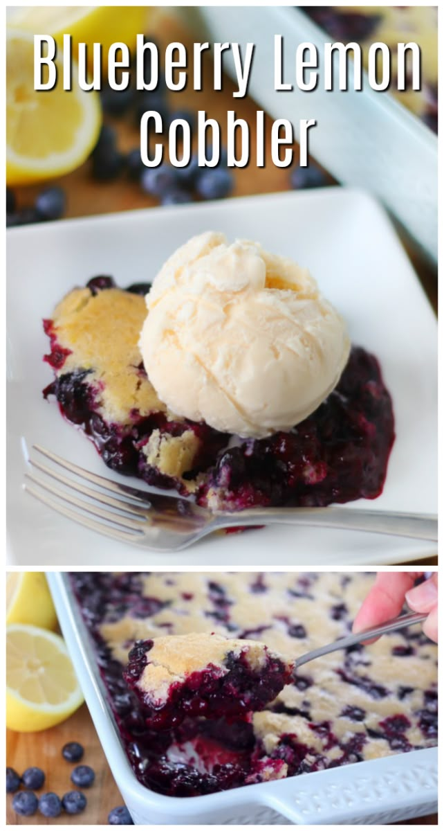 blueberry lemon cobbler with ice cream on top