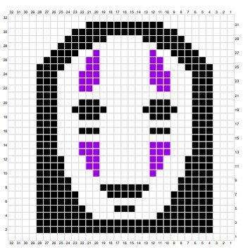 a cross stitch pattern with the shape of a face in purple and black, on a white background