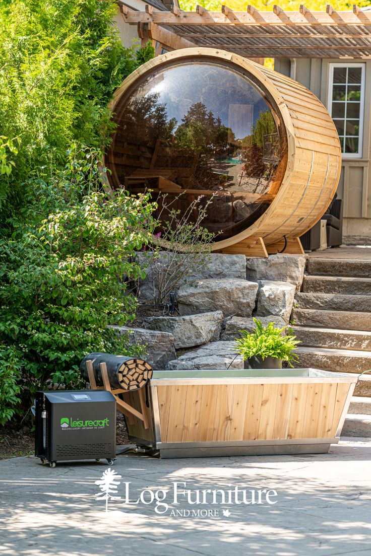 Rustic Barrel Sauna and Wood Cold Plunge Sauna Barrel Outdoor, Hot Tub Aesthetic, Sauna Cold Plunge, Rustic Saunas, Sauna And Cold Plunge, Backyard Sauna, Spa Space, Sauna Ideas, Modern Saunas