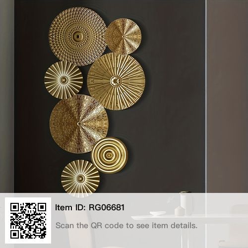 the wall is decorated with gold circles and circular designs on it's black background