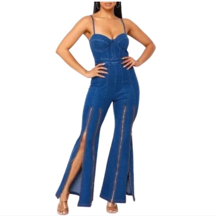 Golden Zipper! Sleeveless Denim Zipper Jumpsuit *Wide Legs *Adjustable Spaghetti Straps *65% Cotton, 30% Polyester, 5% Elastin Blue Denim Fitted Strapless Jumpsuit, Summer Denim Fitted Strapless Jumpsuit, Casual Sleeveless Denim Jumpsuit For Party, Fitted Blue Denim Strapless Jumpsuit, Blue Fitted Denim Strapless Jumpsuit, Blue Denim Jumpsuits And Rompers For Night Out, Blue Denim Jumpsuits For Night Out, Trendy Fitted Denim Blue Strapless Jumpsuit, Fitted High-rise Denim Strapless Jumpsuit