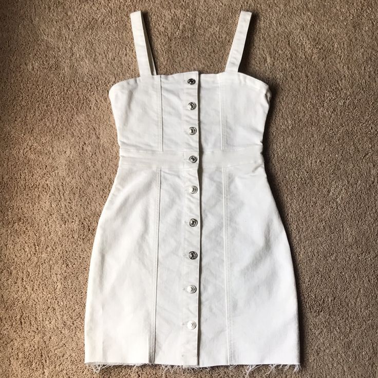 New White Denim Overalls Silver Buttons Casual White Denim Dress, White Mini Dress With Button Closure For Spring, White Denim Summer Dress, White Denim Dress For Summer, Forever 21 Trendy Denim Dress, Trendy Denim Dress By Forever 21, White Casual Mini Denim Dress, Casual White Mini Denim Dress, White Fitted Denim Dress