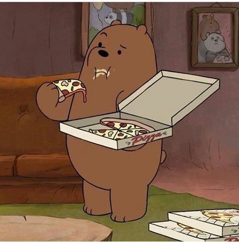 a cartoon bear holding a pizza box in his hand and eating it with both hands