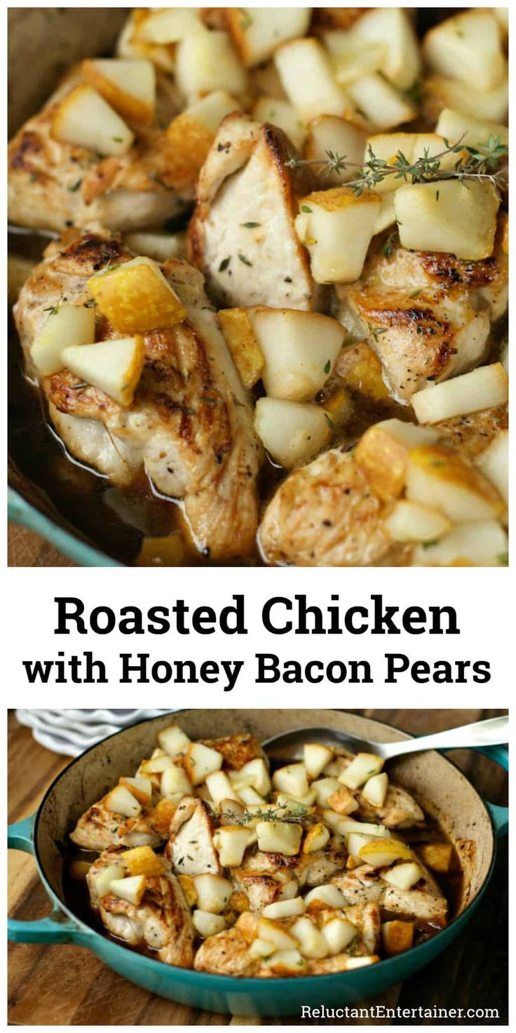 roasted chicken with honey bacon pears in a skillet