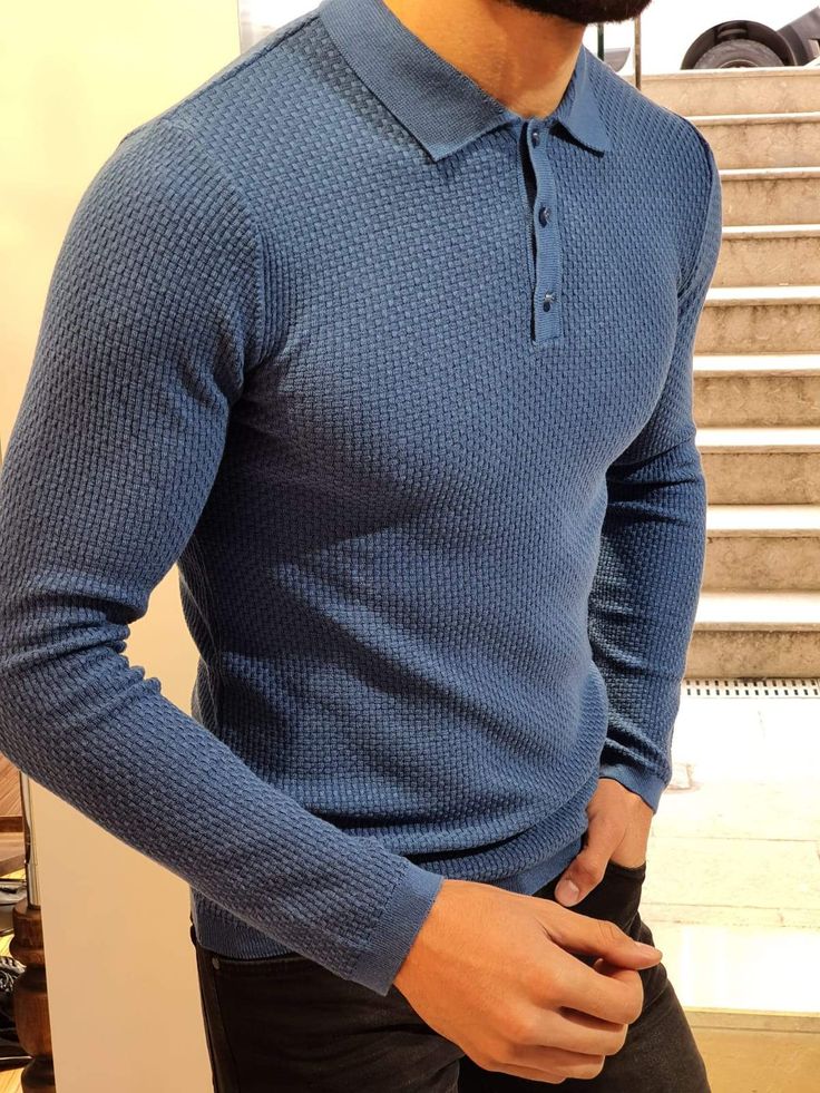 Carlos Slim-Fit Polo Sweater Blue-baagr.myshopify.com-sweatshirts-BOJONI Sweater Polo Outfits, Sweater Polo Outfits Men, Sweater Polo, Knitwear Sweater, Swag Outfits Men, Mens Polo Shirt, Polo Long Sleeve, Slim Fit Polo, Mens Fashion Classy