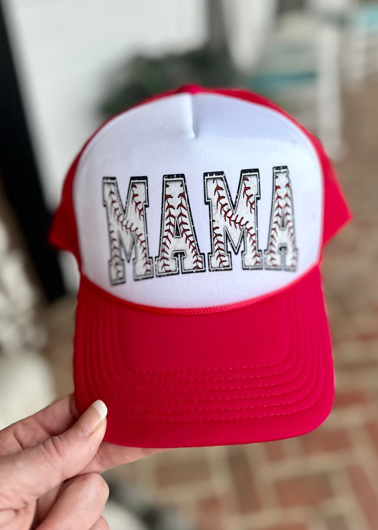 Baseball MAMA Trucker Cap Hat - Red Step up your style game with this Baseball MAMA Trucker Cap Hat. Made with high-quality materials, it provides both comfort and durability for the perfect accessory to your everyday look.   100% polyester foam front, mesh back  Structured, five-panel, mid-profile  Pre-curved visor with braid detailing  Adjustable double snapback closure  Crown height 3.5"  One size Adjustable Mesh Baseball Cap For Sports, Hip Hop Trucker Hat For Baseball Season, Mesh Snapback Hat For Baseball Season Sports Events, Red Trucker Hat With Visor, Mesh Trucker Baseball Cap For Sports Events, Mesh Snapback Cap For Baseball Season, Red Baseball Cap For Baseball Season, Red Baseball Cap For Sports Fans, Red Snapback Hat For Baseball Season Game Day