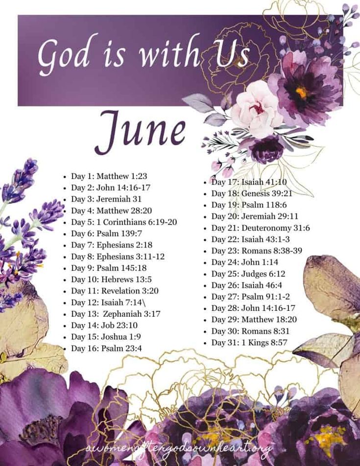 a purple and white poster with the words, god is with us june on it