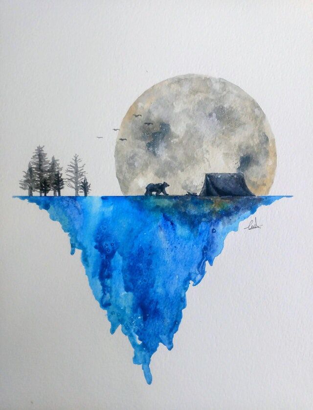 an iceberg floating in front of a full moon with trees on the water and a house