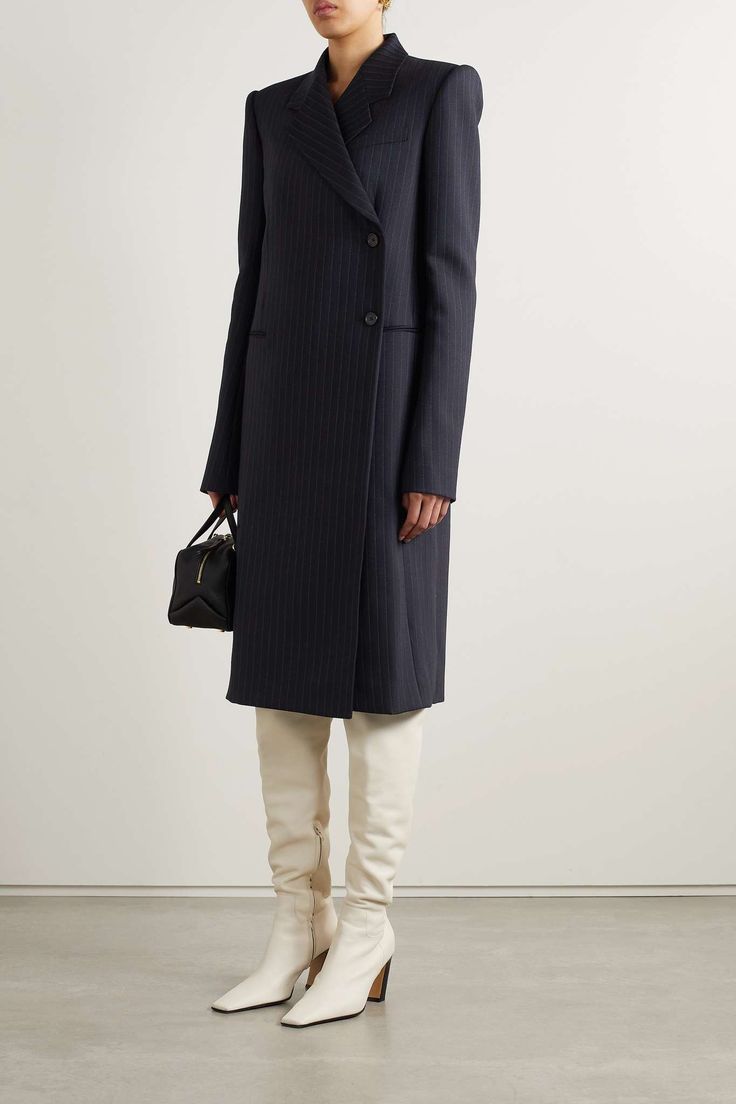 KHAITE Kento double-breasted pinstriped wool-blend coat | NET-A-PORTER White Knee Boots, Herringbone Coat, Trench Coat Black, Collared Coat, Belted Coat, Wool Blend Coat, Double Breasted Coat, Winter Coats Women, Coat Fashion