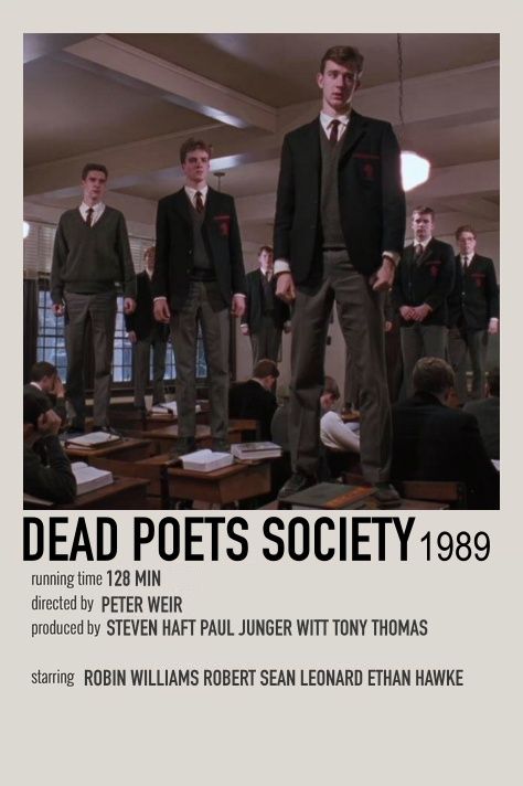 a movie poster for dead pots society showing men in suits and ties standing on desks