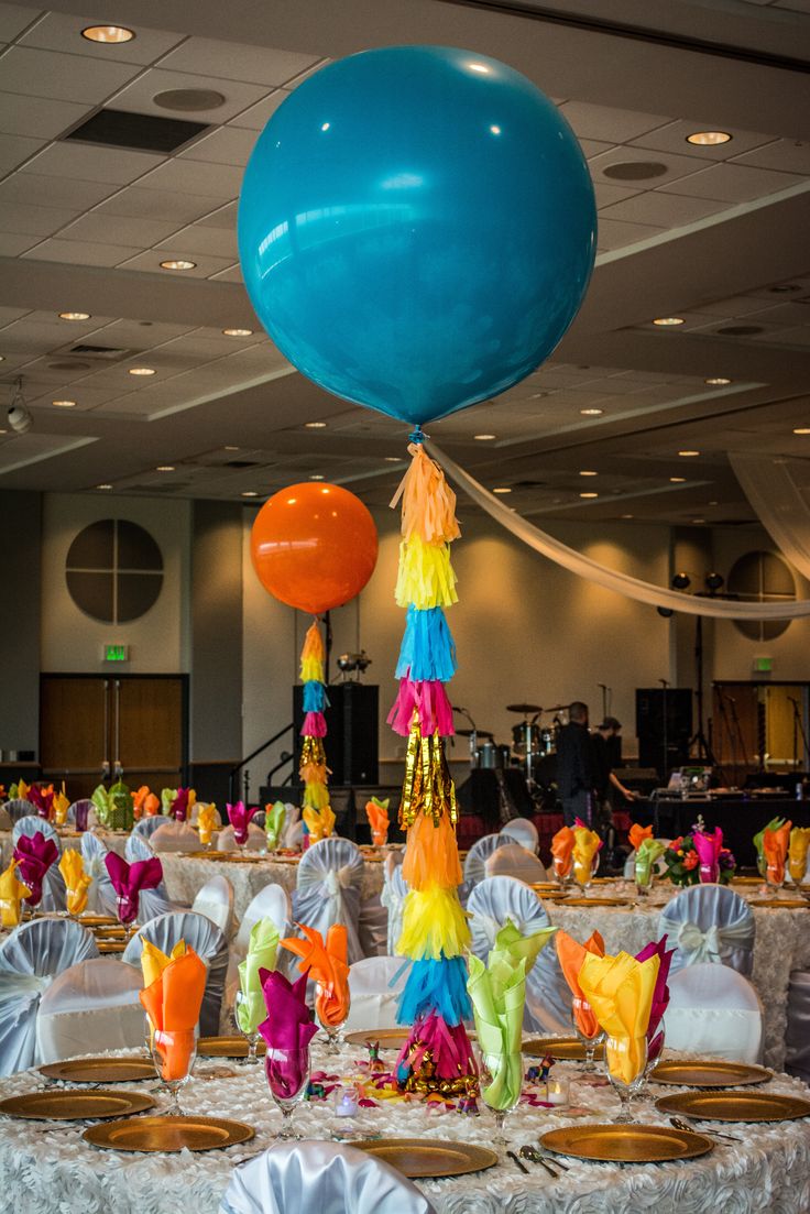 a table topped with lots of plates and balloons