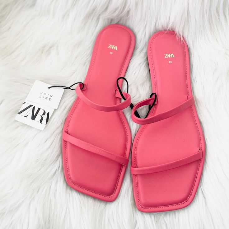 Size Eu 40 / Usa 9 New With Tags! Zara Toe Post Sandals For Summer, Pink Flat Sandals For Day Out, Pink Open Toe Sandals For Day Out, Zara Sandals With Single Toe Strap For Spring, Chic Pink Sandals For Day Out, Zara Trendy Flat Heel Sandals, Zara Flat Heel Sandals For Summer, Zara Synthetic Sandals For Summer, Zara Flat Sandals For Summer