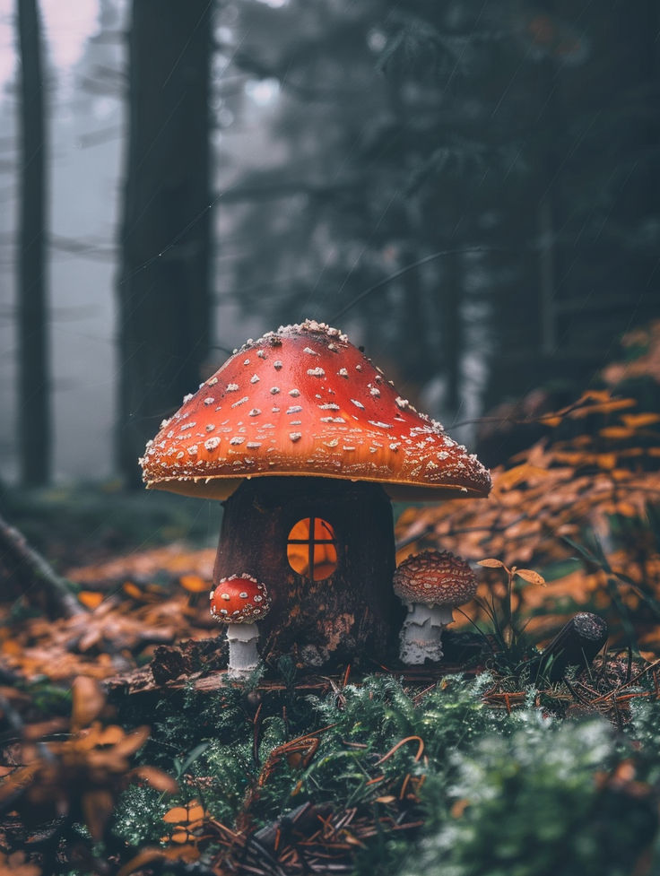 a mushroom house in the middle of a forest