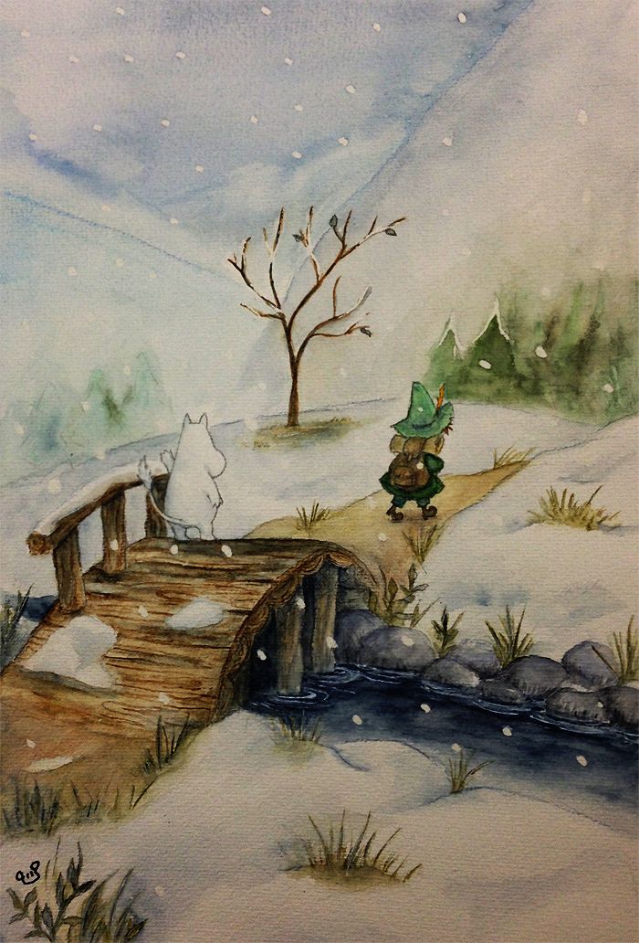 a watercolor painting of a snow covered landscape with a bridge and a small tree