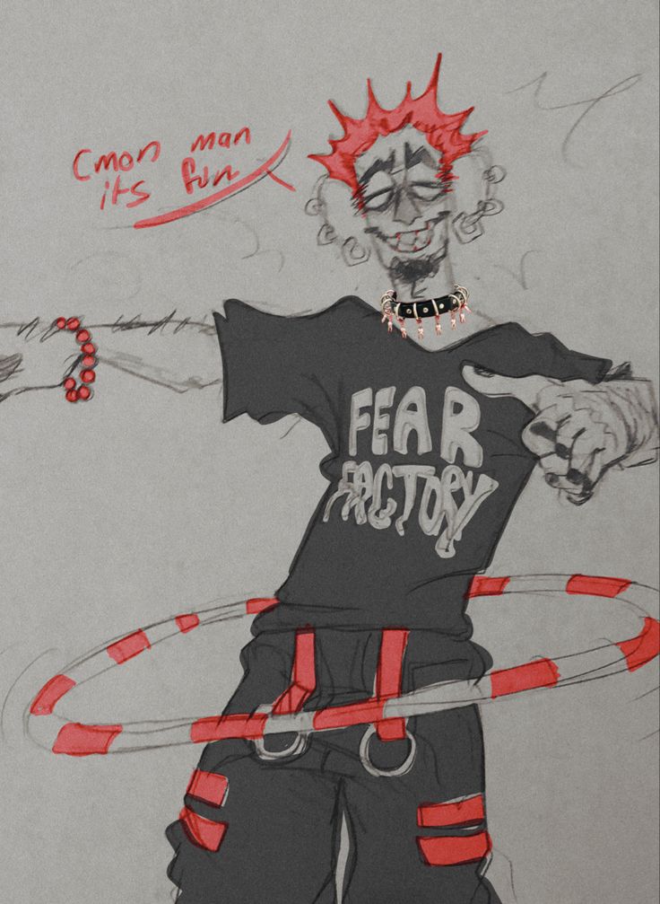 a drawing of a man with red hair holding a hula hoop and wearing a t - shirt that says fear factory