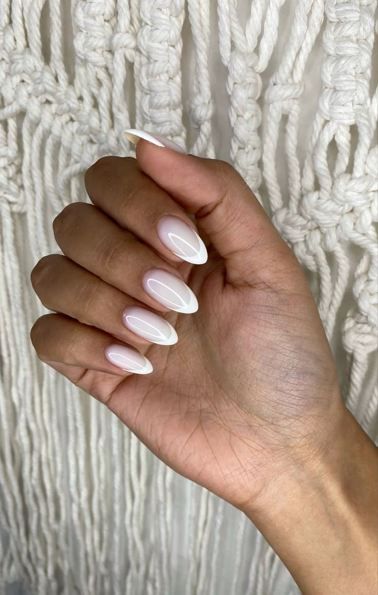 Off White French Tip Nails Almond, Funny Bunny With French Nails, French Tip Nails Funny Bunny, French Nails Funny Bunny, French Tip With Funny Bunny, White On White Almond French, White On White Almond Nails, French Almond Nails Design White, White On White French Manicure Almond