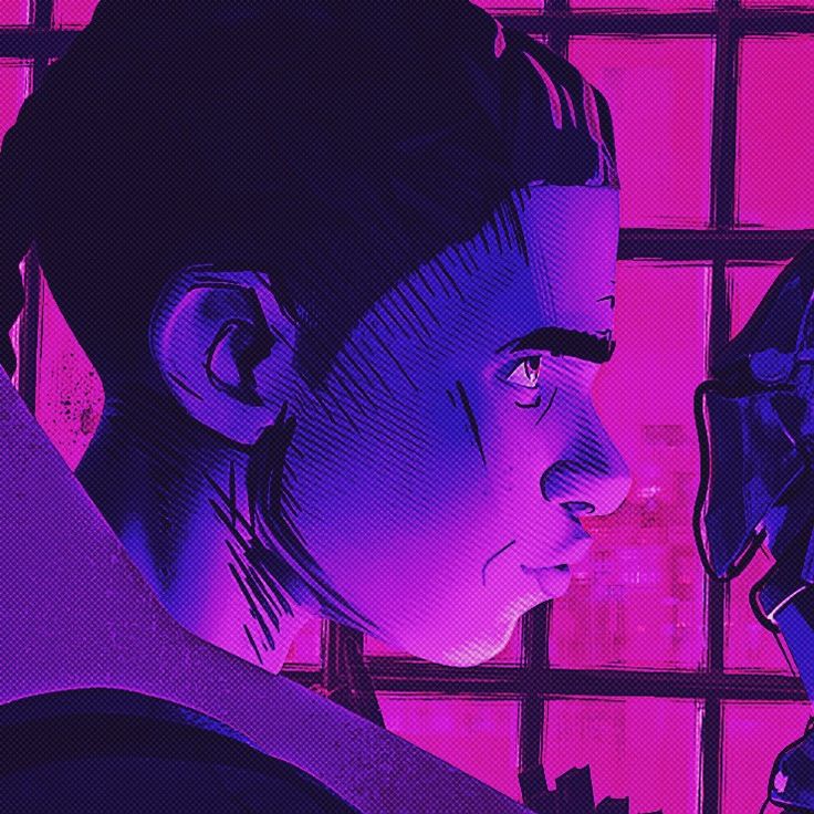 an animated image of a woman looking out a window at the city in neon colors