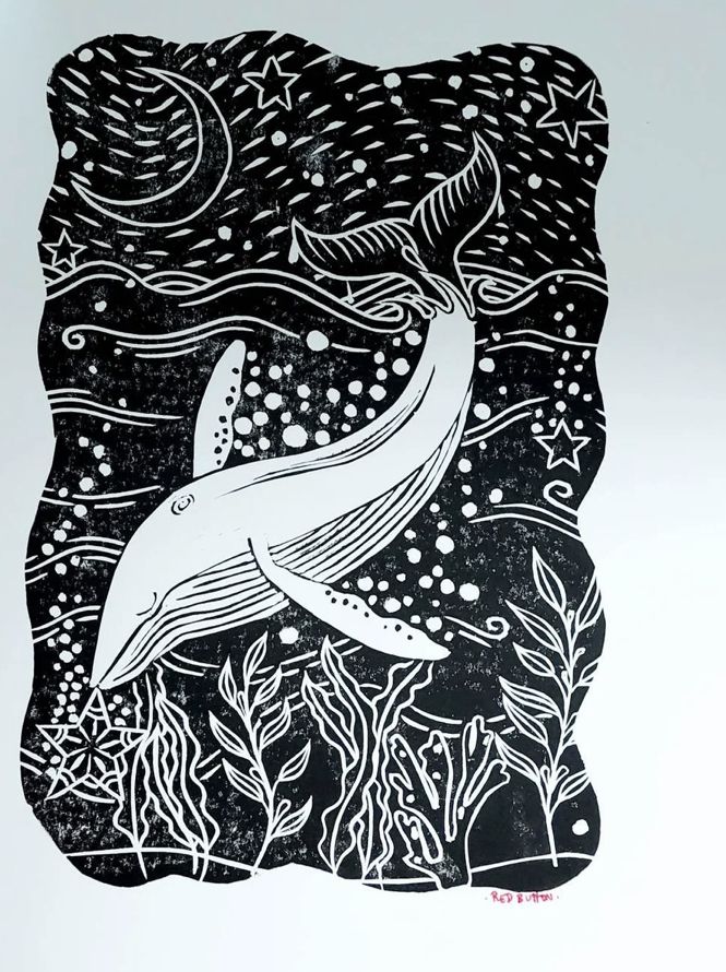 a black and white drawing of a whale swimming in the ocean with corals on it