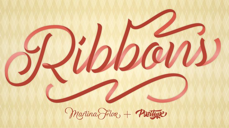 the word ribbonons written in red ink on a beige striped background with an ornate design