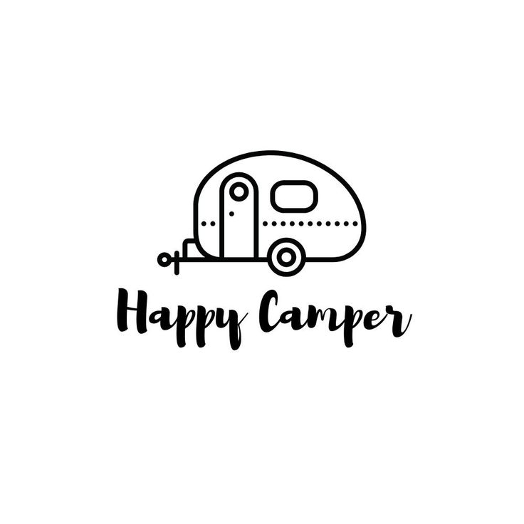 the happy camper logo is black and white, with an rv in the background