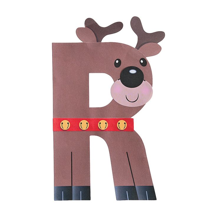 the letter r is made up of paper and has a reindeer's head on it