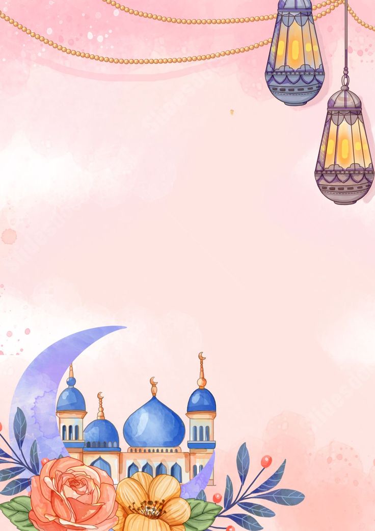 a watercolor painting of a mosque with flowers on the bottom and two hanging lights above it