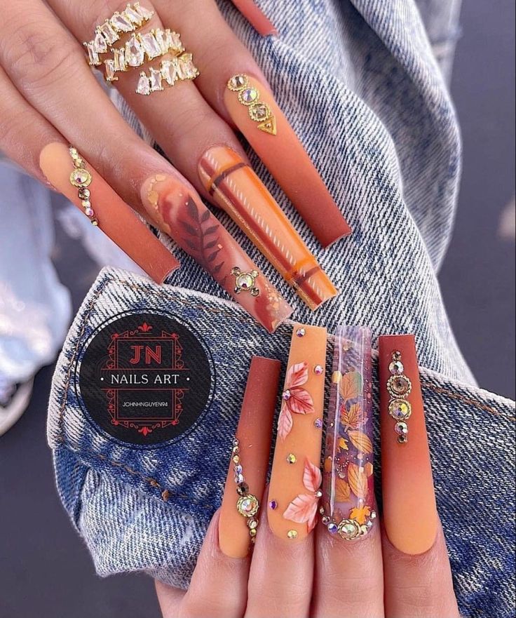 Thanksgiving Nail Designs, January Nails, September Nails, Nails Design With Rhinestones, Fall Acrylic Nails, Coffin Shape Nails, Thanksgiving Nails, Long Square Acrylic Nails, Fall Nail Colors