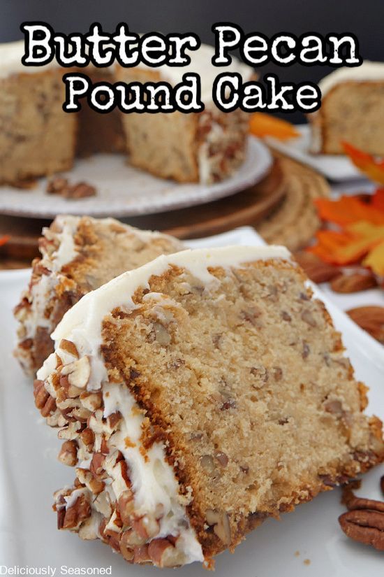 a close up of a piece of cake on a plate with the words butter pecan pound cake