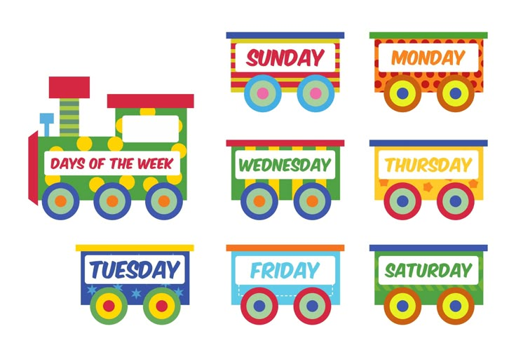 the days of the week are written in different colors on colorful train cars with wheels