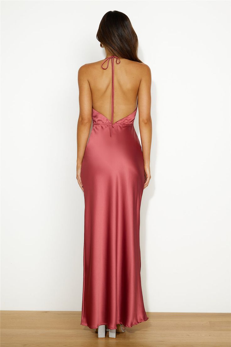 Length from shoulder to hem of size S: 132cm. 
 Maxi dress. 
 Unlined.  
 Model is a standard XS and is wearing size XS. 
 True to size. 
 Non-stretch fabric. 
 Low back. 
 Halterneck. 
 Zipper. 
 Cold hand wash only. 
 Polyester. 
 
 
 
 
 
 
 
 
 
 
 
 
 Let's celebrate love in the Wedding Season Satin Maxi Dress. Featuring a low back and halterneck design. Style with heels for all the likes. First Day Outfit, Bridal Shower Dress, Maxi Dress Prom, Shower Dresses, Celebrate Love, Rust Dress, Jumpsuits And Romper, Satin Maxi, Long Sleeve Lace Dress