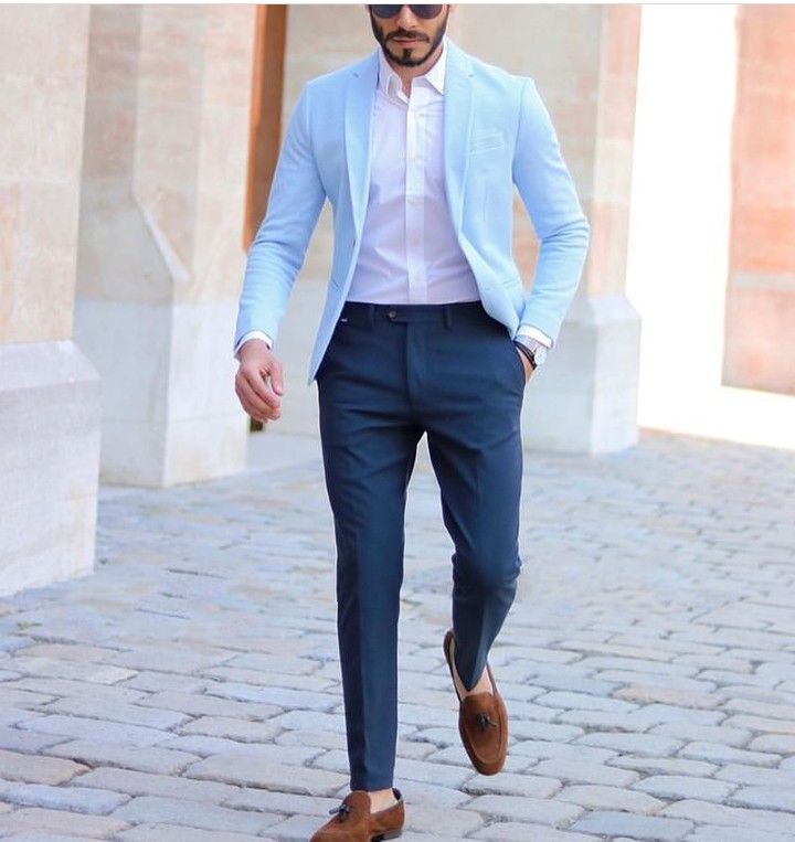 Blue Blazer Outfit Men, Blue Blazer Outfit, Business Casual Attire For Men, Stylish Mens Suits, Blazer Outfits Men, Smart Casual Menswear, Blue Suit Men, Slim Fit Mens Shirts, African Shirts For Men