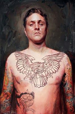 a painting of a man with tattoos on his chest