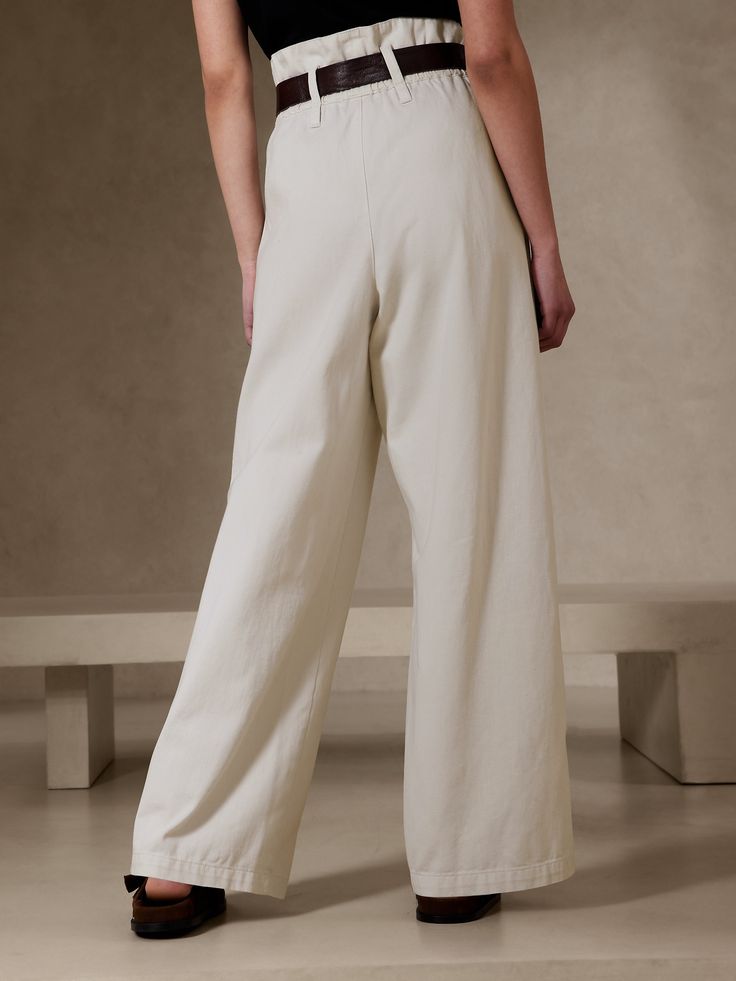 A sumptuously soft pant for seamlessly transitioning from season to season, this paperbag pant is crafted in a softly structured, cotton twill for endless appeal from season to season.  WIDE-LEG FIT: High-rise (12").  Straight through the hip and thi Relaxed Fit Paperbag Waist Workwear Pants, Relaxed Fit Paperbag Waist Pants For Work, Chic Wide Leg Pants For Everyday Spring Wear, Chic Wide Leg Pants For Spring, Cotton Paperbag Waist Bottoms With Relaxed Fit, Relaxed Fit Cotton Paperbag Waist Bottoms, Relaxed Fit Cotton Bottoms With Paperbag Waist, Chic Solid Cotton Wide Leg Pants, Chic Cotton Chinos For Spring