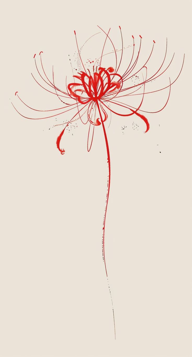 a red flower on a white background with some lines in the shape of swirls