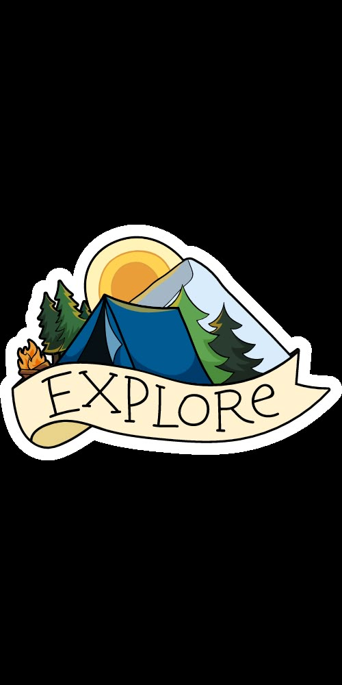 the logo for an outdoor camp site, with mountains and trees in the background that says explore