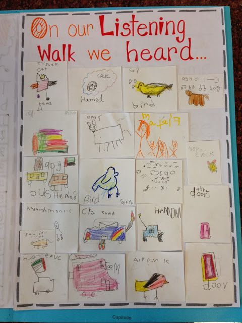 a bulletin board with writing on it that says, on our listening walk we heard