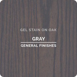 the words gel stain on oak gray general finishes are shown in white lettering and dark wood grained background