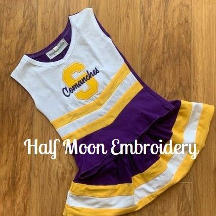 Personalized Purple Gold and White Cheer Uniform Fitted Team Name Tops For Cheerleading, Fitted Cheerleading Top, Fitted Tops With Team Name For Cheerleading, Collegiate White Tops With Custom Embroidery, Fitted Tops For Cheerleading With School Spirit, White Collegiate Top With Custom Embroidery, White Fitted Tops For Cheerleading, Fitted White Tops For Cheerleading, Collegiate Cheerleading Customizable Tops