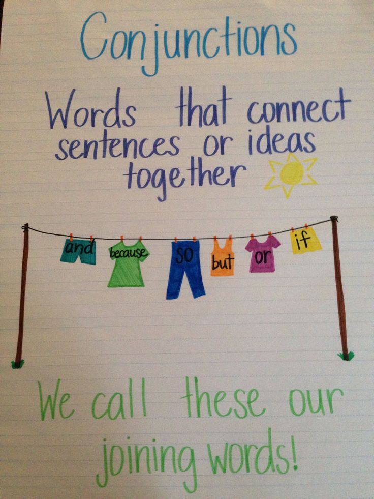 a bulletin board with clothes and words that say conjunctions, words that connect sentences or ideas together we call these our joining words