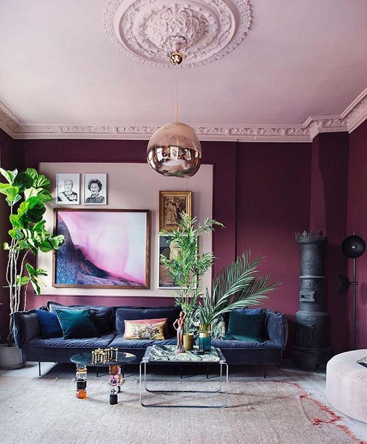 a living room filled with furniture and a potted plant in the middle of the room