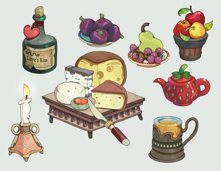 an assortment of food and drink items are shown in this cartoon style, including bread, cheese, jam, fruit, juice, and tea