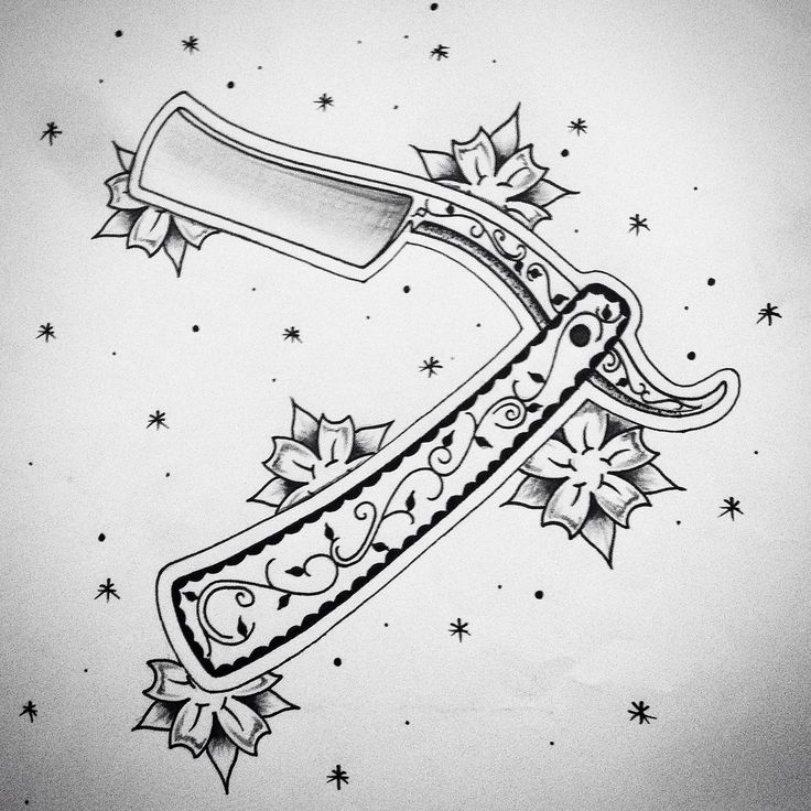 a drawing of a knife with stars around it