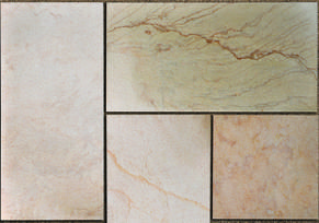 four different types of marble tiles arranged in squares and rectangles on a tile floor